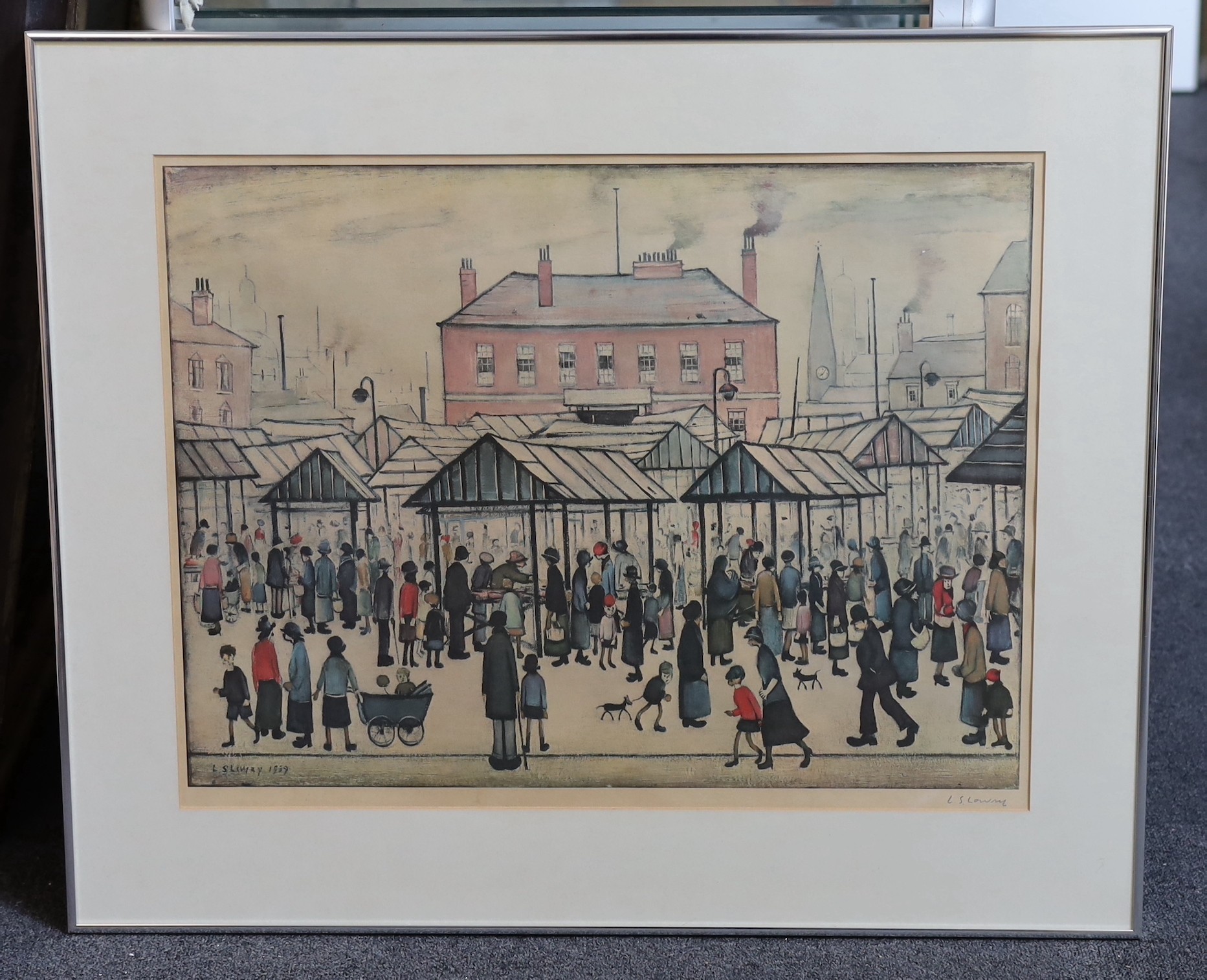 Laurence Stephen Lowry R.A.(1887–1976), Market scene in a Northern Town, lithograph, 48 x 62cm